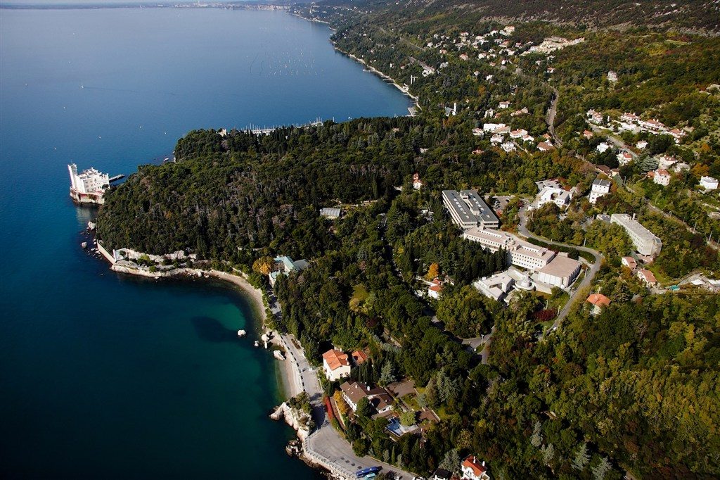 Aerial view of the ICTP campus and Miramare on the Gulf of Trieste